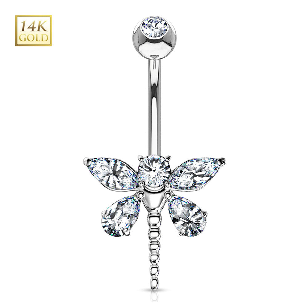 14K Solid Gold 14 Gauge Belly Ring Marquise Dragonfly CZ - photo 4