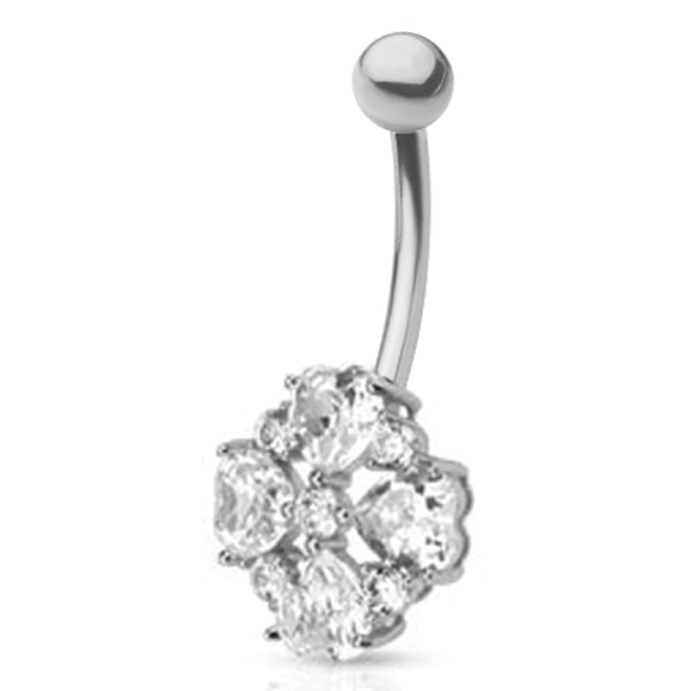 14K Solid Gold 14 Gauge Belly Ring with Flower Petals Heart CZ - photo 3