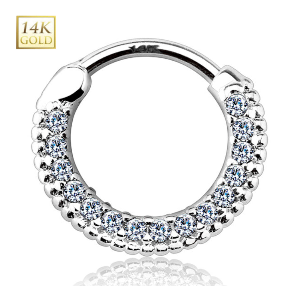 14K Solid Gold 14 and 16 Gauge Septum Clicker with Front Facing CZ - photo 4