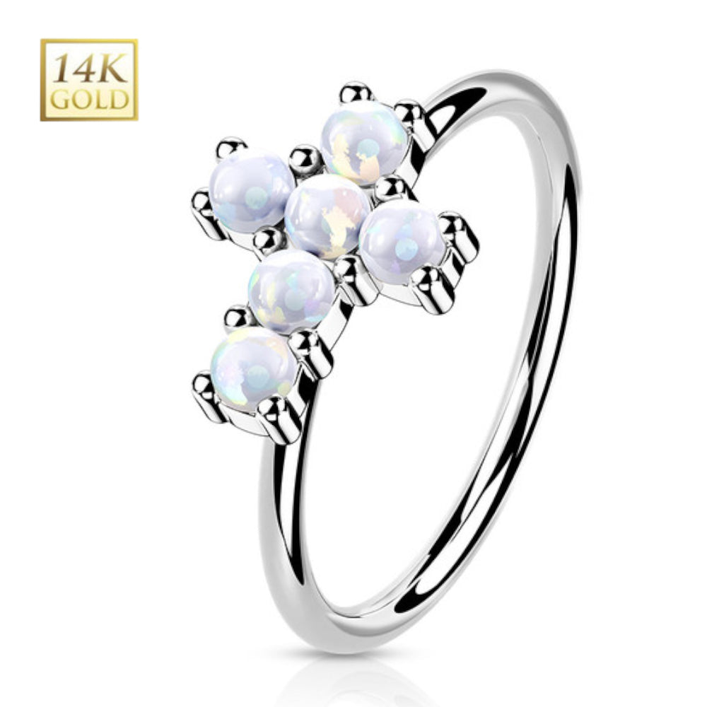 14K Solid Gold 20 Gauge Bendable Nose Ring with CZ Opal Cross - photo 10