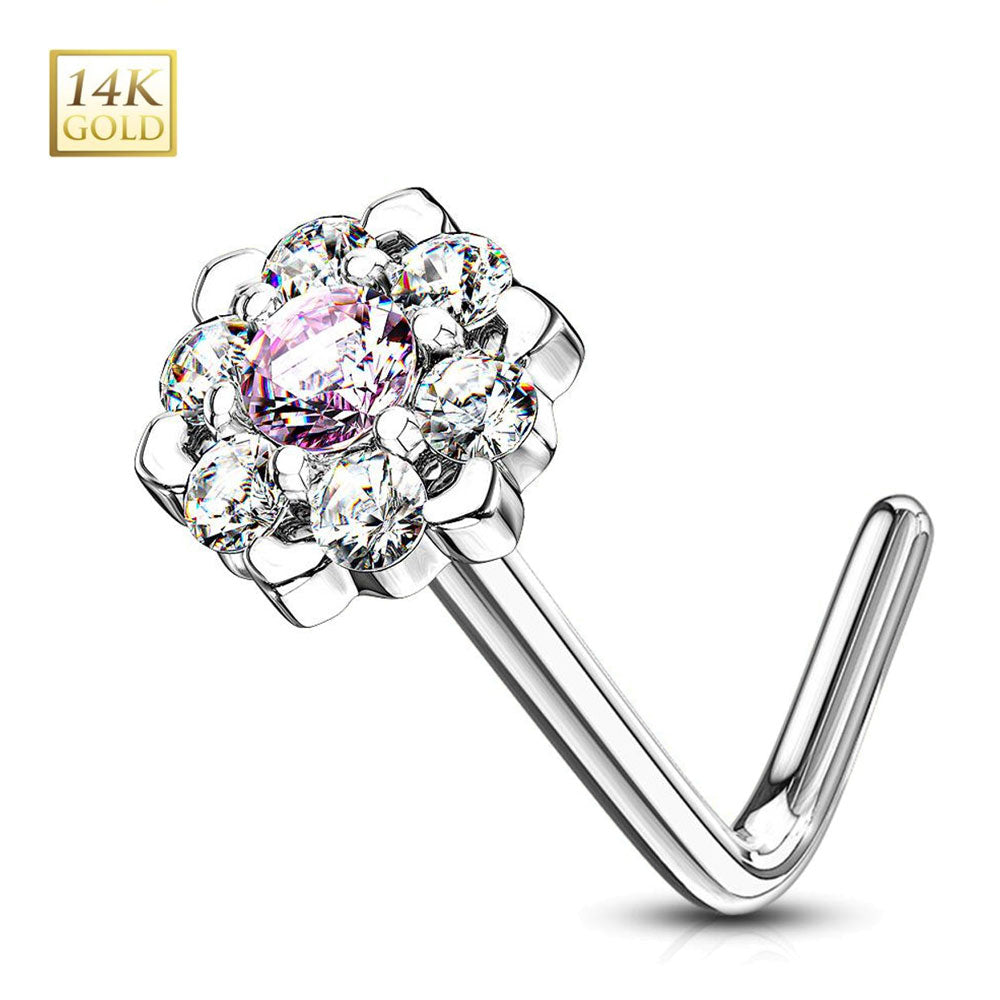 14K Solid Gold 20 Gauge L Shaped Nose Stud with CZ Flower - photo 12