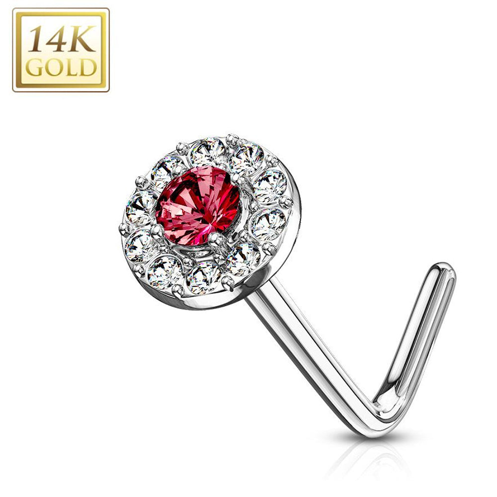 14K Solid Gold 20 Gauge L Shaped Nose Stud with Double Tier CZ - photo 12
