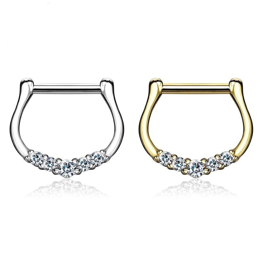 14 Karat Solid Gold Septum Clicker Hinged Ring 16 Gauge With 5 Gems