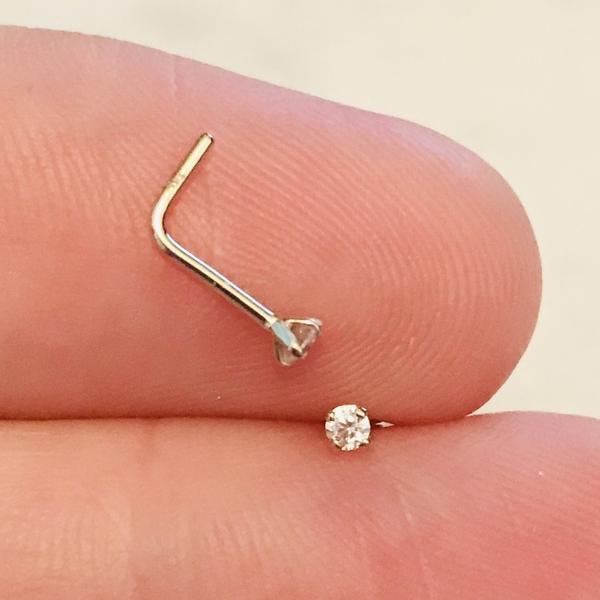 14 Karat Solid Gold Nose Ring Stud 20 & 18 Gauge 1/4" L Bend Round CZ