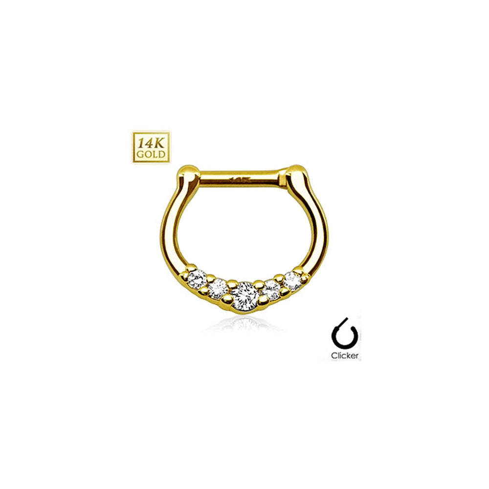 14K Solid Gold 16 Gauge Septum Clicker with Five CZ Paved - photo 3