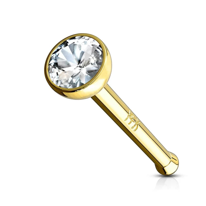 14 Karat Solid Gold Nose Bone Stud Ring 20 & 18 Gauge 1/4" - Round Gem