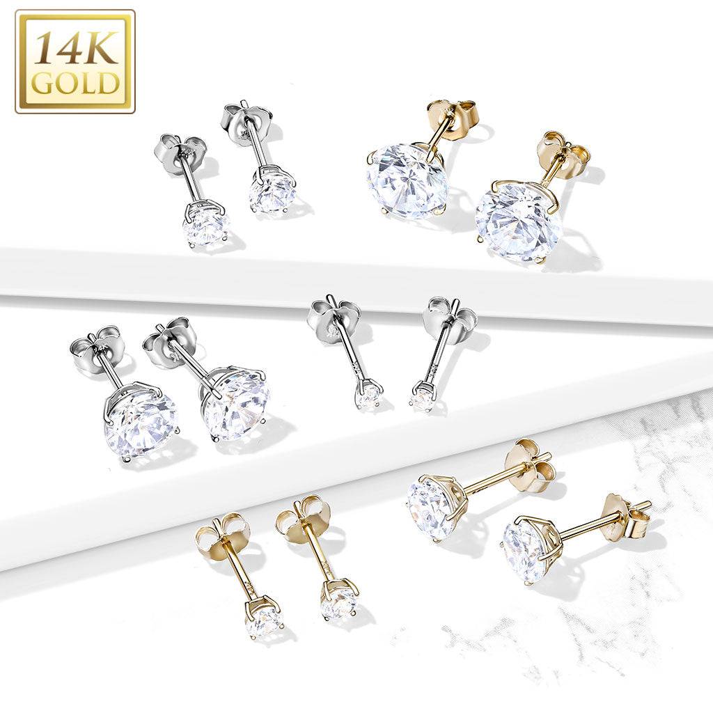 14 Karat Solid Gold Earring Stud 20 Gauge & Prong Set Round Gem - Pair