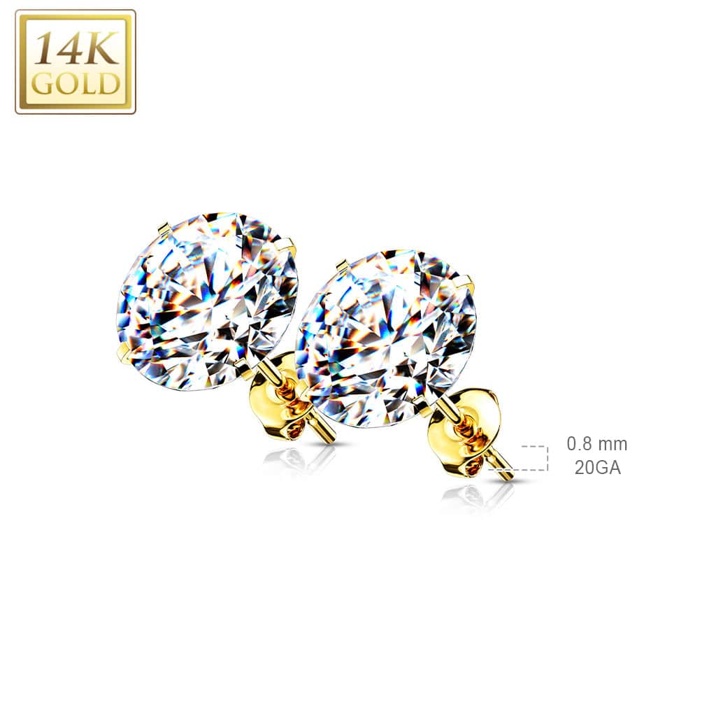 14 Karat Solid Gold Earring Stud 20 Gauge & Prong Set Round Gem - Pair