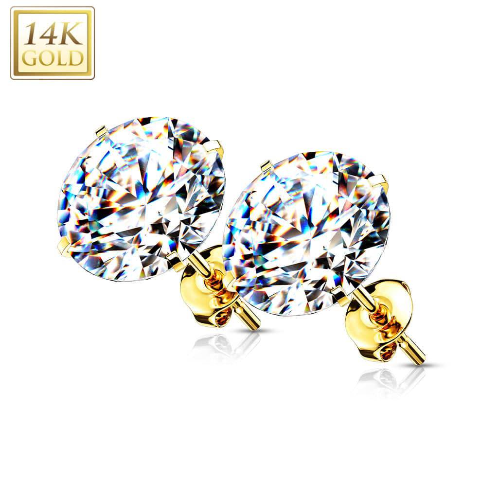 14 Karat Solid Gold Earring Stud 20 Gauge & Prong Set Round Gem - Pair