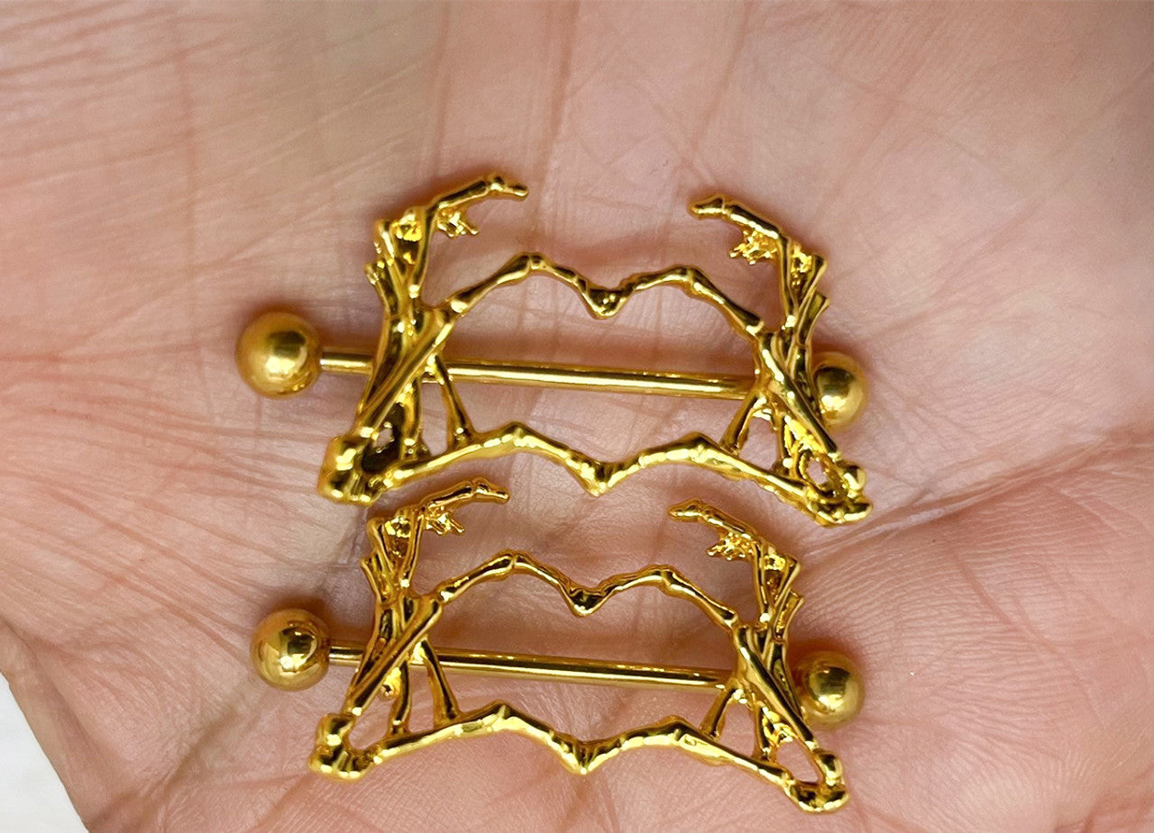 Surgical Steel Nipple Ring Barbell Shield 14 Gauge Skeleton Heart Pair