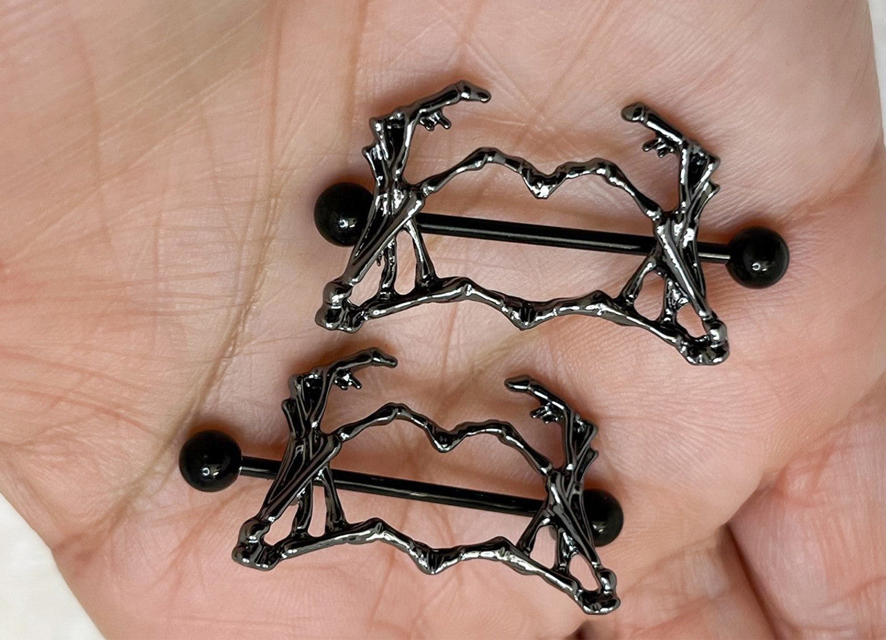 Surgical Steel Nipple Ring Barbell Shield 14 Gauge Skeleton Heart Pair