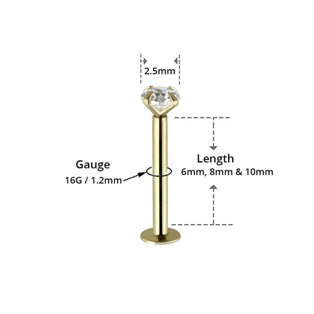 14 Karat Solid Gold Labret / Monroe Stud 18 & 16 Gauge - 2 MM CZ Gem