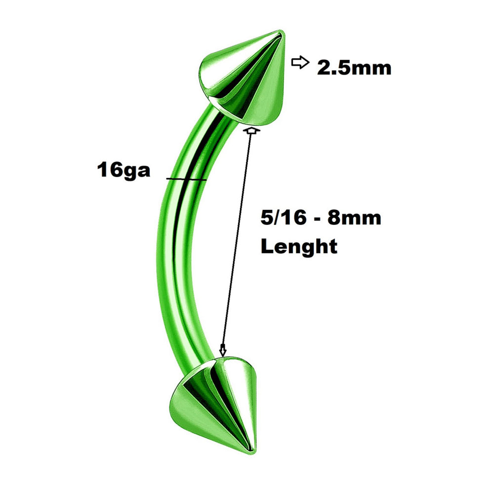 Surgical Steel PVD Green Spike End Curved Barbells 16G 8mm - Pair - photo 2