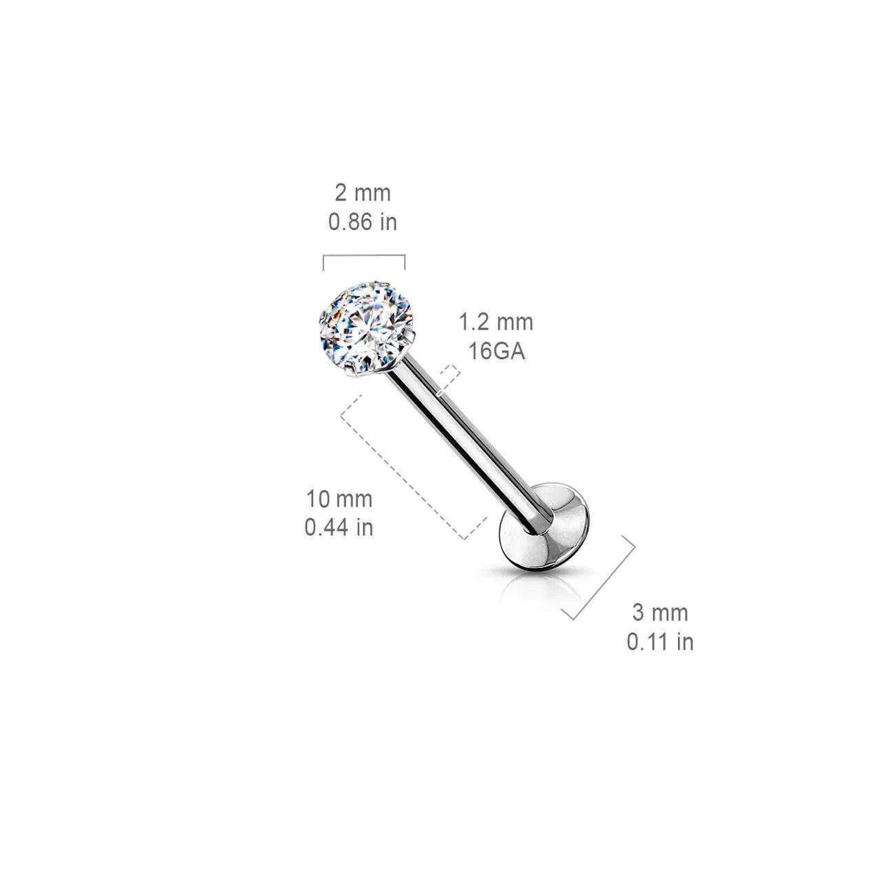 Surgical Steel Labret Stud 20 16 & 18 Gauge Threadless - Color CZ Gem