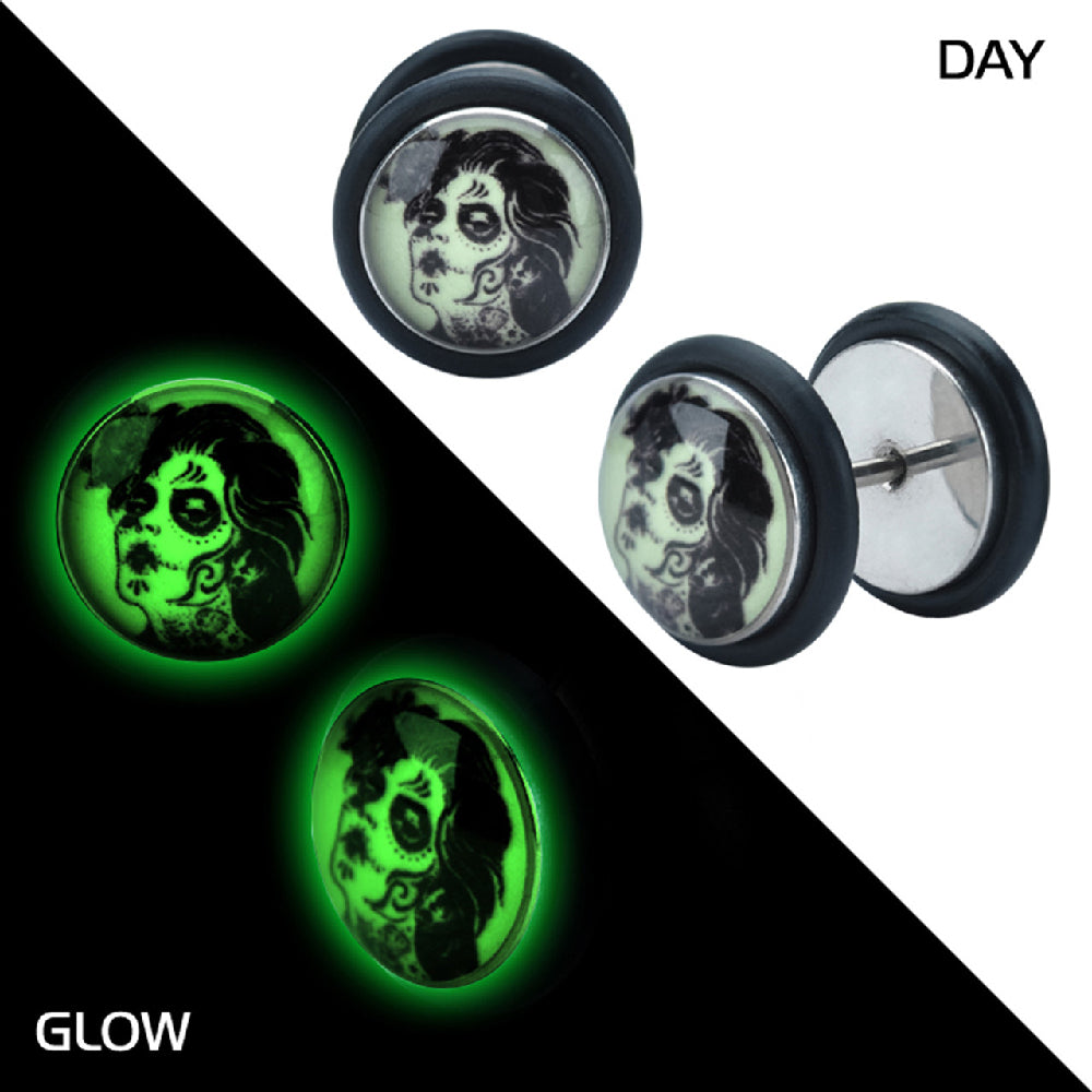 Surgical Steel 18 Gauge Glow in Dark Day of the Dead Fake Plugs - Pair - photo 2