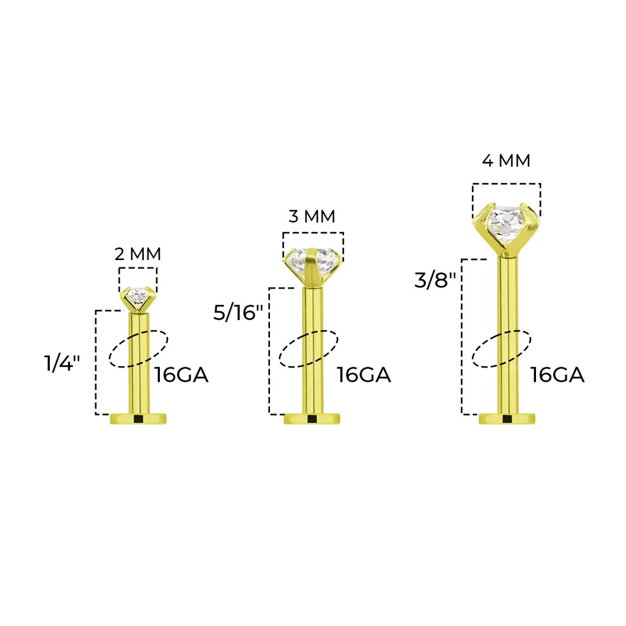 18 Karat Solid Gold Labret / Monroe Stud 16 Gauge with Threadless CZ