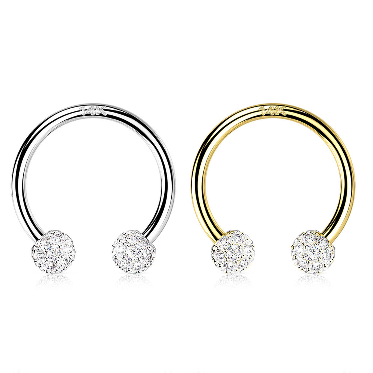14 Karat Gold Horseshoe Circular Barbell Ring 16 Gauge & CZ Paved Ball