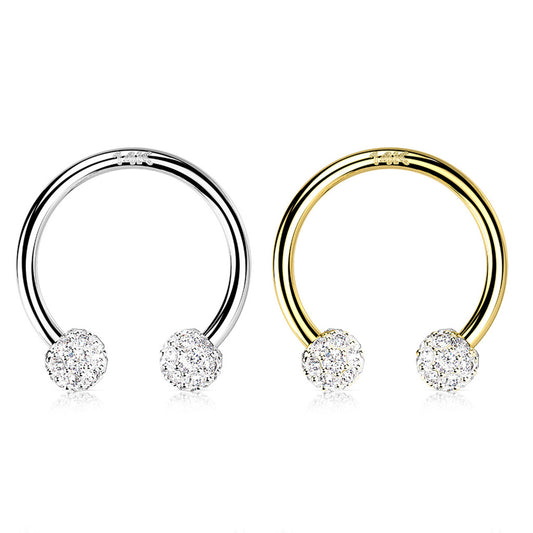 14 Karat Gold Horseshoe Circular Barbell Ring 16 Gauge & CZ Paved Ball