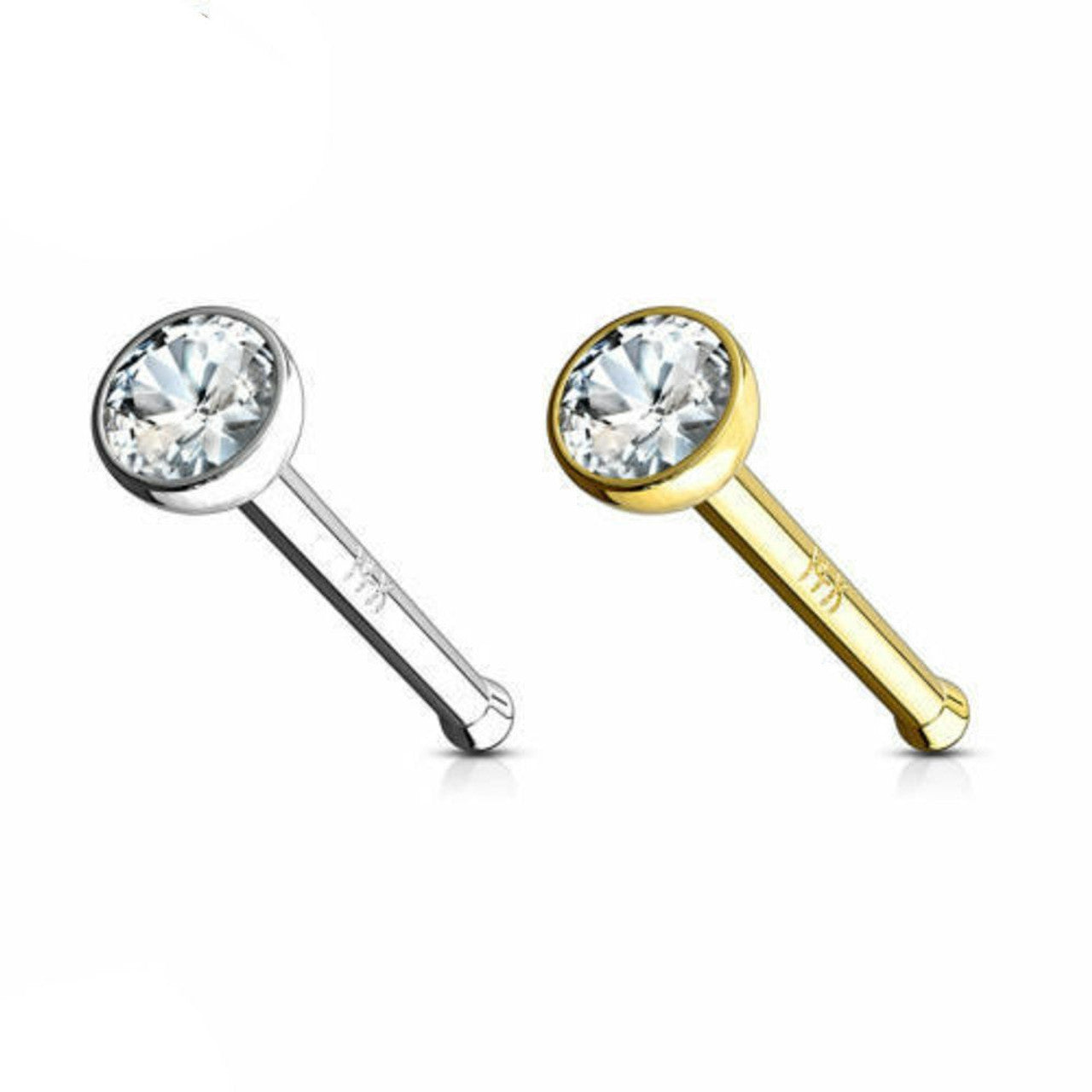 14 Karat Solid Gold Nose Bone Stud Ring 20 & 18 Gauge 1/4" - Round Gem