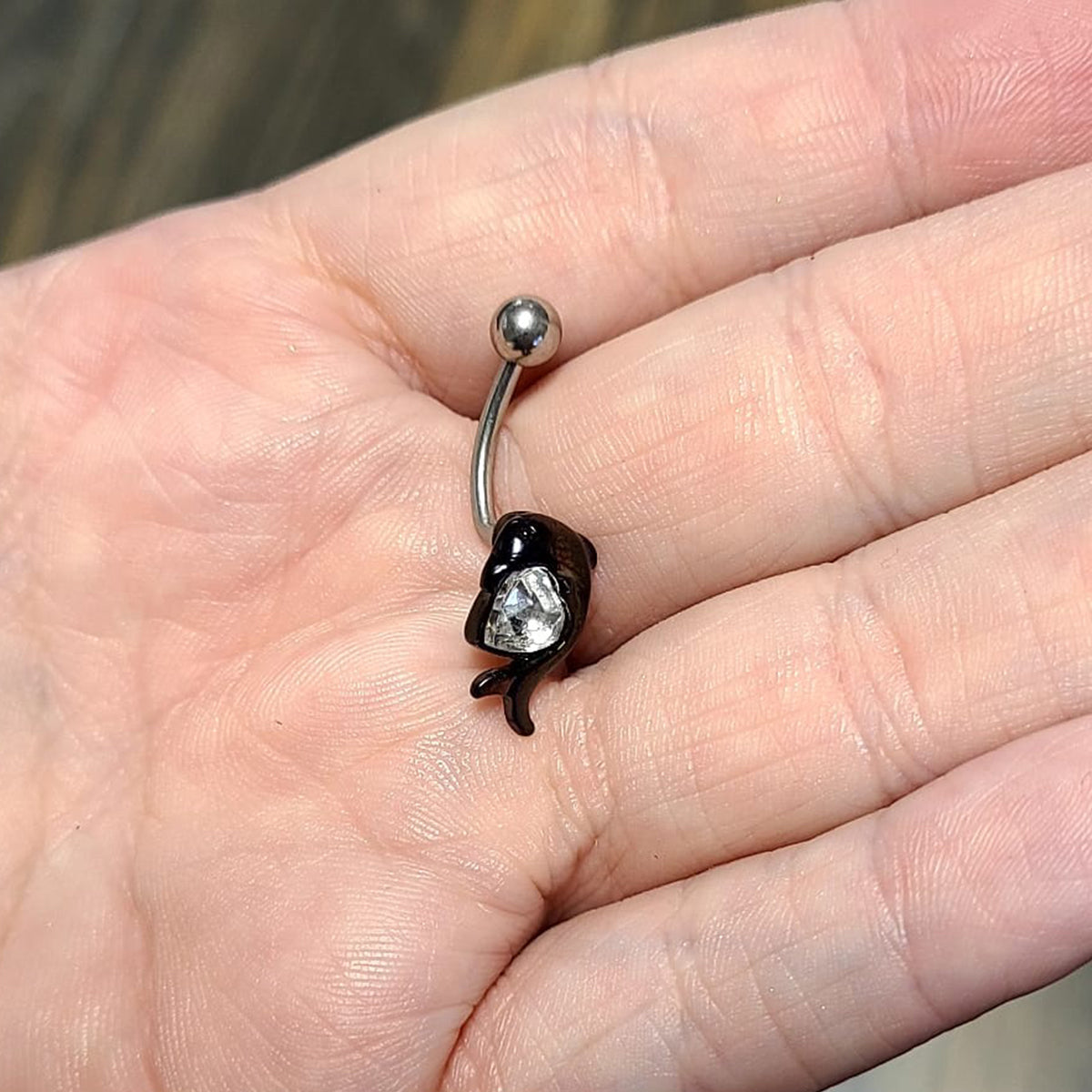 Black Surgical Steel 14 Gauge Belly Ring with Dolphin Heart CZ - photo 3