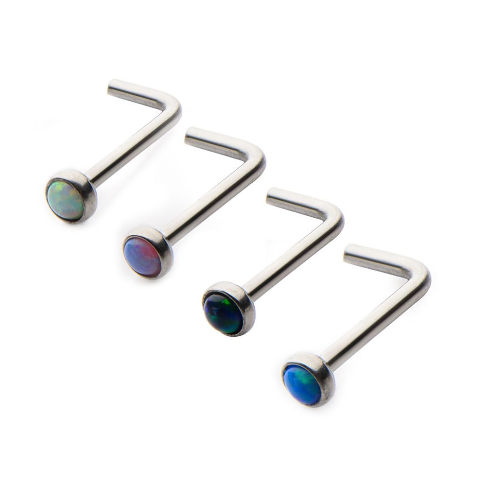 Surgical Steel 20 Gauge L-Bend Nose Stud with Bezel Set Opal