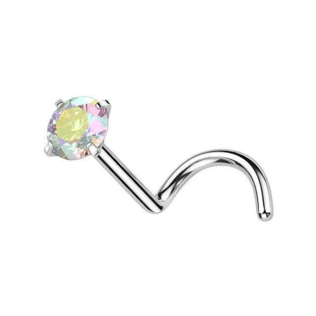 Titanium Nose Ring Screw Stud 20 & 18 Gauge 1/4" with Prong Round Gem