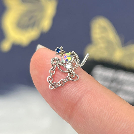 Surgical Steel 20 Gauge Nose Ring L Shape with Chain Star Studs Moon