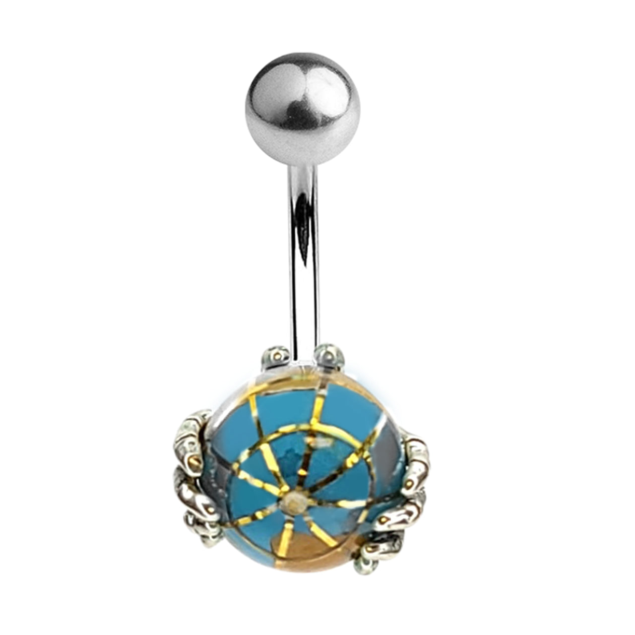 Surgical Steel Belly Button Ring 14 Gauge 7/16" & Skeleton Hand Globe