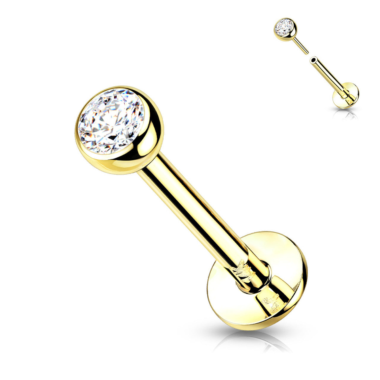 14 Karat Solid Gold Labret / Monroe Stud 18 & 16 Gauge With CZ Gem