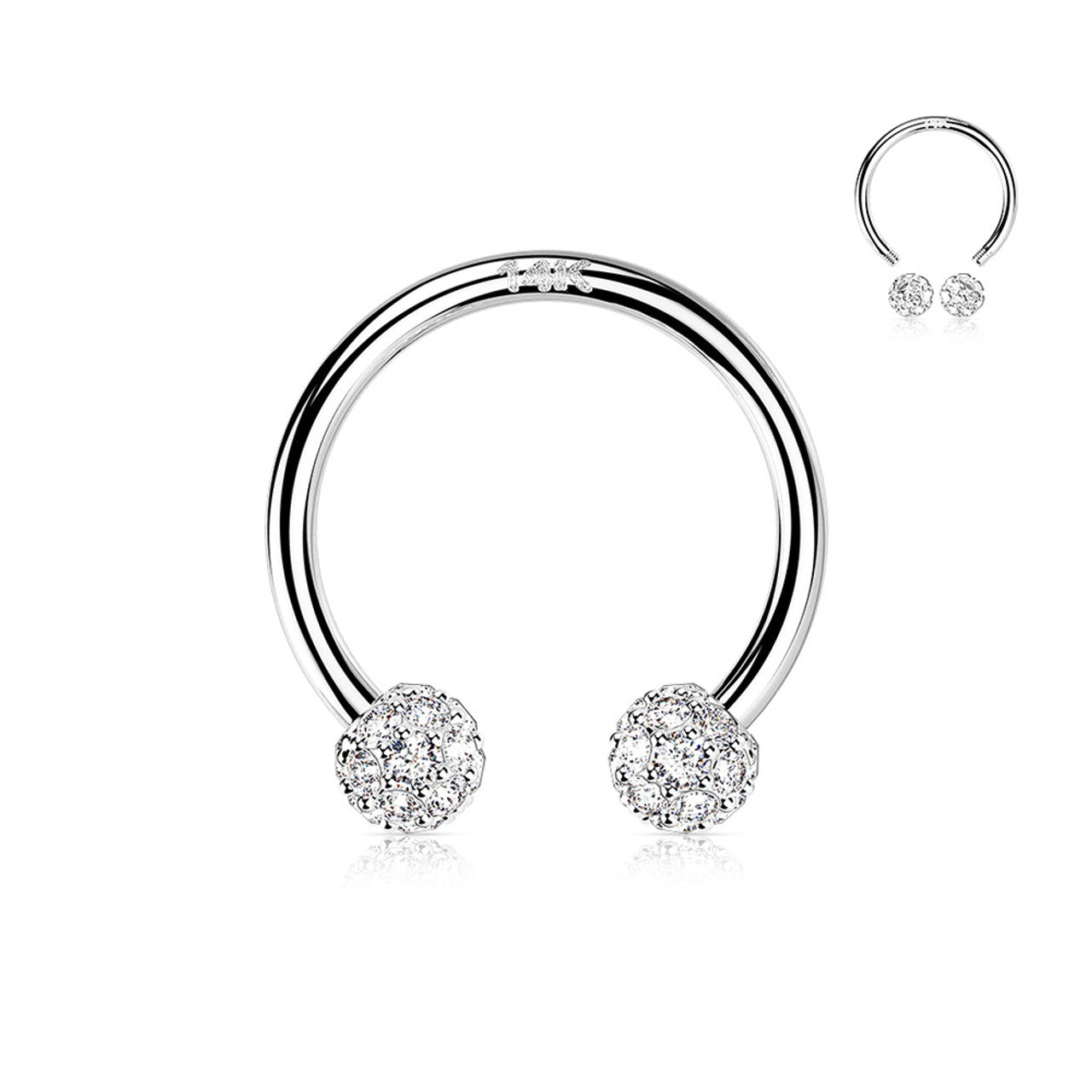 14 Karat Gold Horseshoe Circular Barbell Ring 16 Gauge & CZ Paved Ball