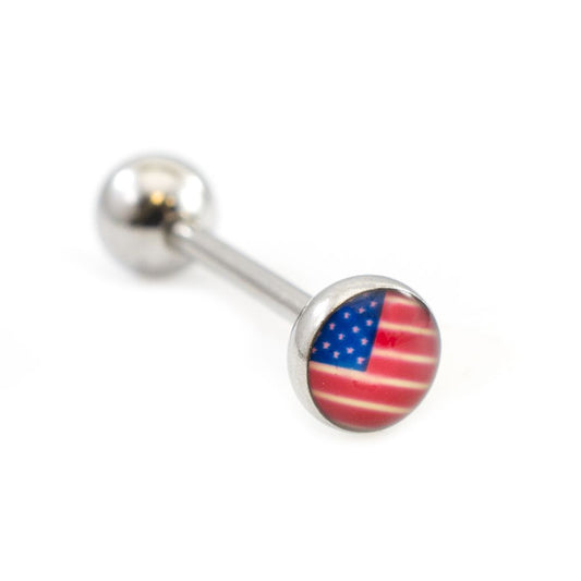 Surgical Steel Tongue Ring Straight Barbell 14 Gauge & USA Flag Logo