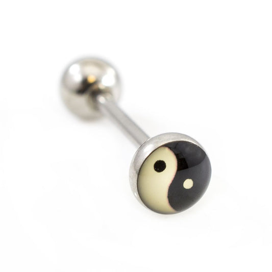 Surgical Steel Tongue Ring Straight Barbell 14 Gauge & Yin-Yang Logo