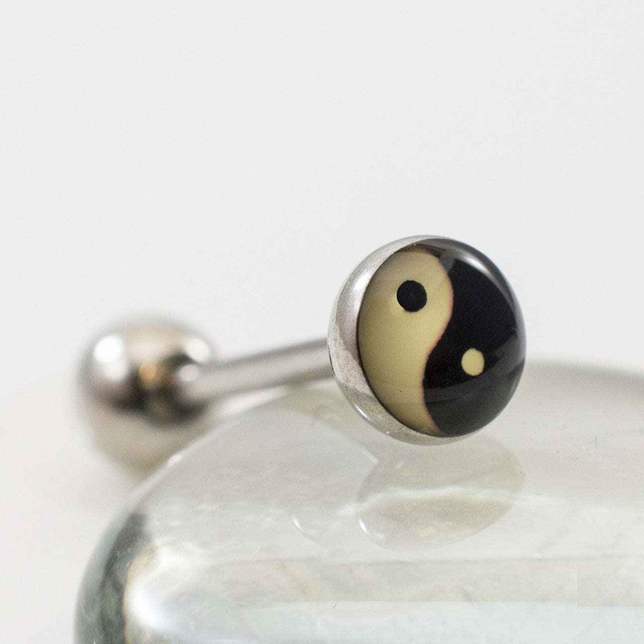 Surgical Steel Tongue Ring Straight Barbell 14 Gauge & Yin-Yang Logo
