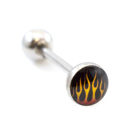 Surgical Steel Tongue Ring Straight Barbell 14 Gauge & Flames Logo