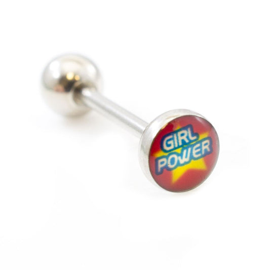 Surgical Steel Tongue Ring Straight Barbell 14 Gauge & Girl Power Logo