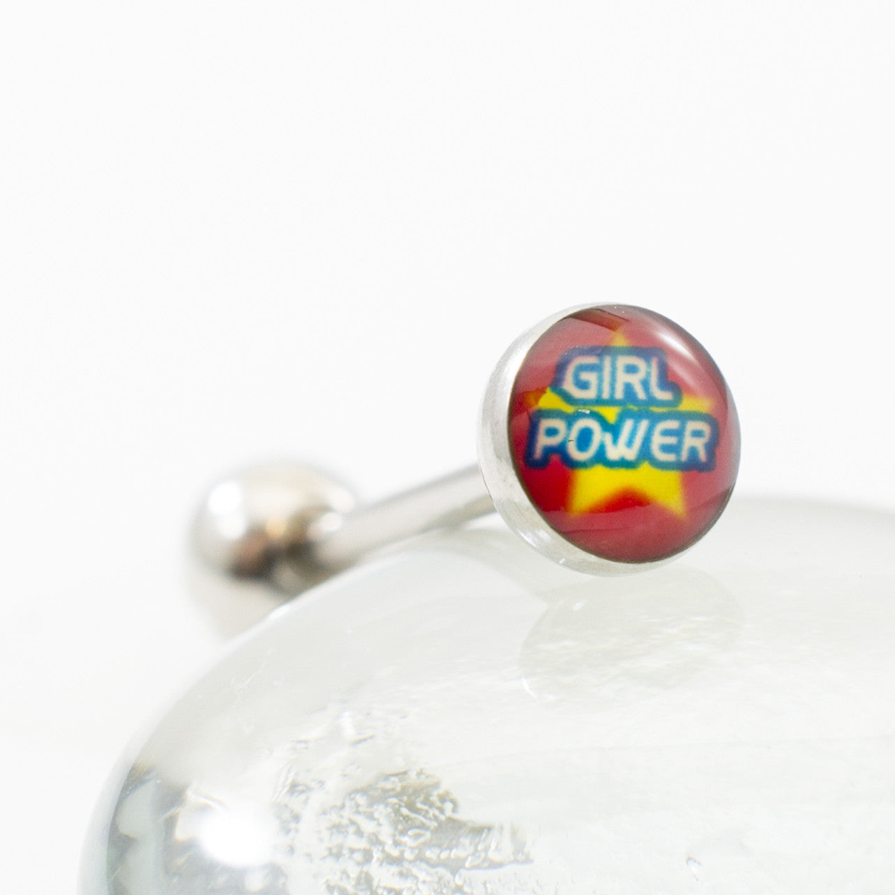 Surgical Steel Tongue Ring Straight Barbell 14 Gauge & Girl Power Logo