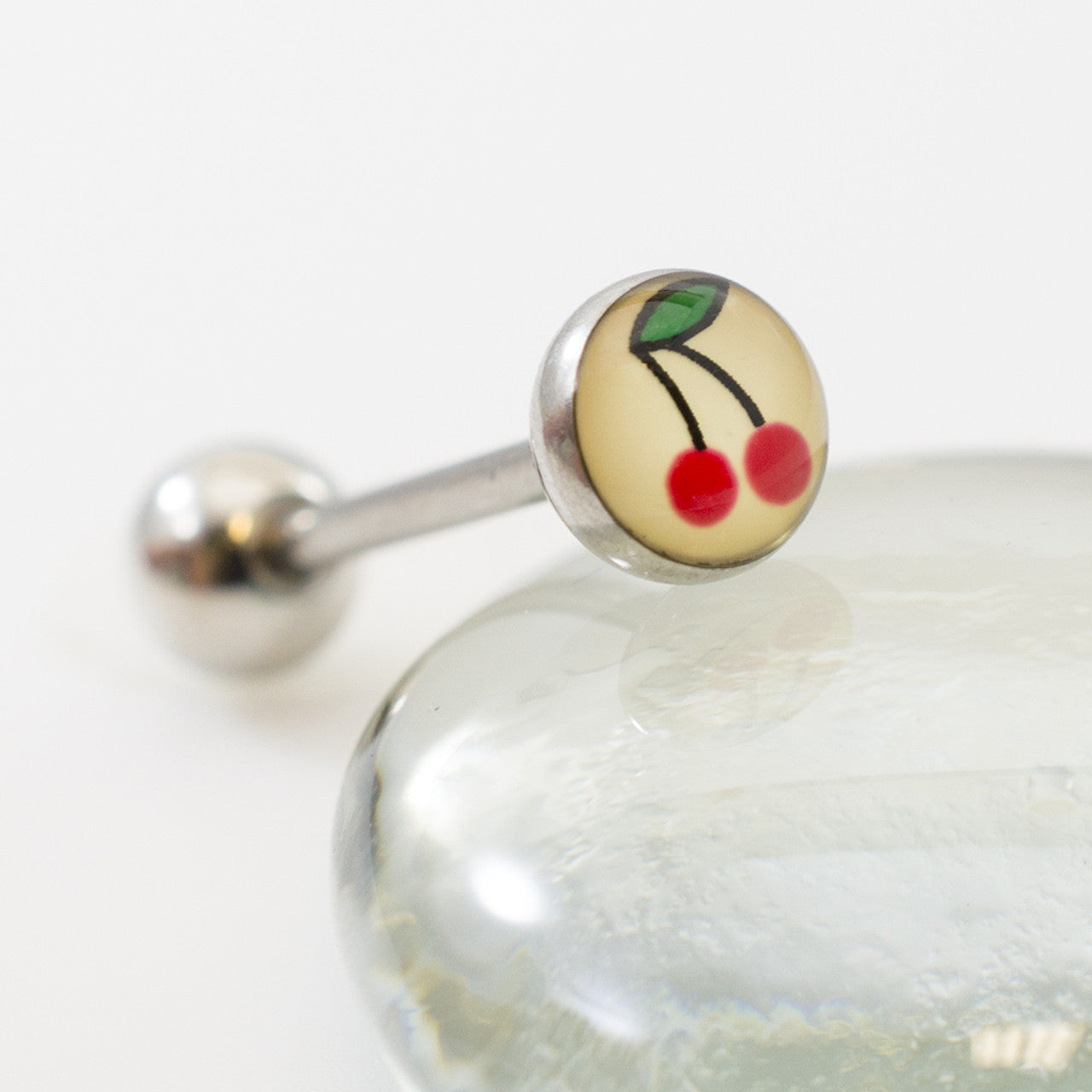Surgical Steel Tongue Ring Straight Barbell 14 Gauge Cute Cherry Logo