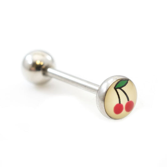 Surgical Steel Tongue Ring Straight Barbell 14 Gauge Cute Cherry Logo