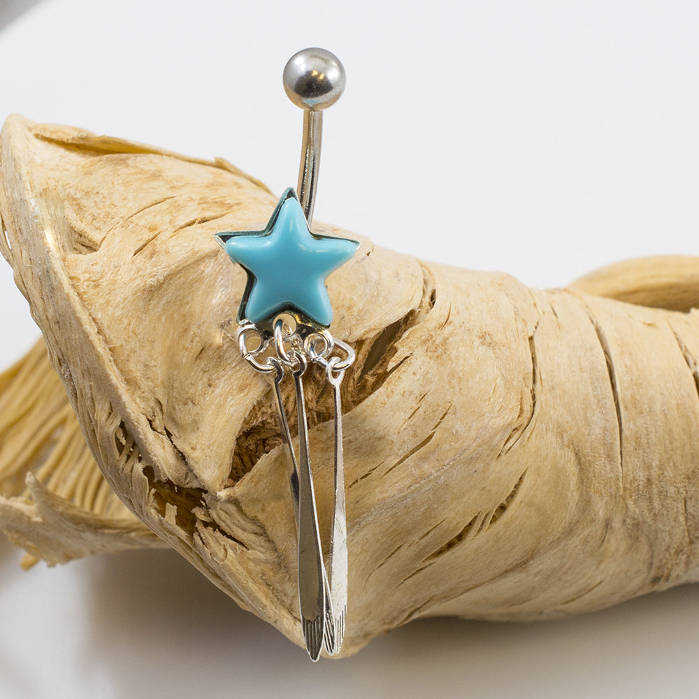 Surgical Steel Belly Button Ring 14G 10mm with Turquoise Star Cascade - photo 3