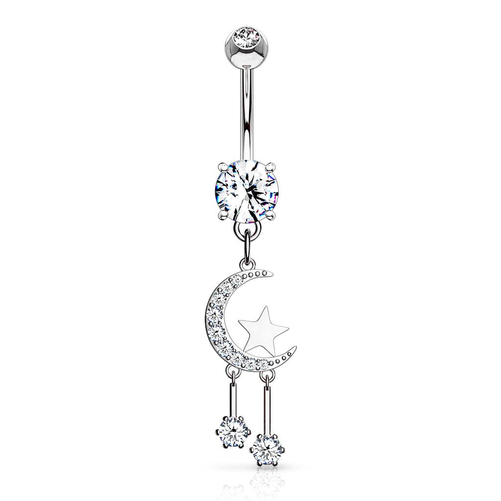 Surgical Steel Belly Ring 14 Gauge 3/8" With Crescent Moon & CZ Gems
