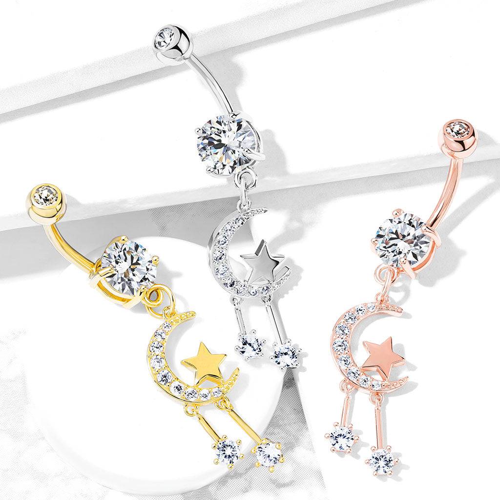 Surgical Steel Belly Ring 14 Gauge 3/8" With Crescent Moon & CZ Gems