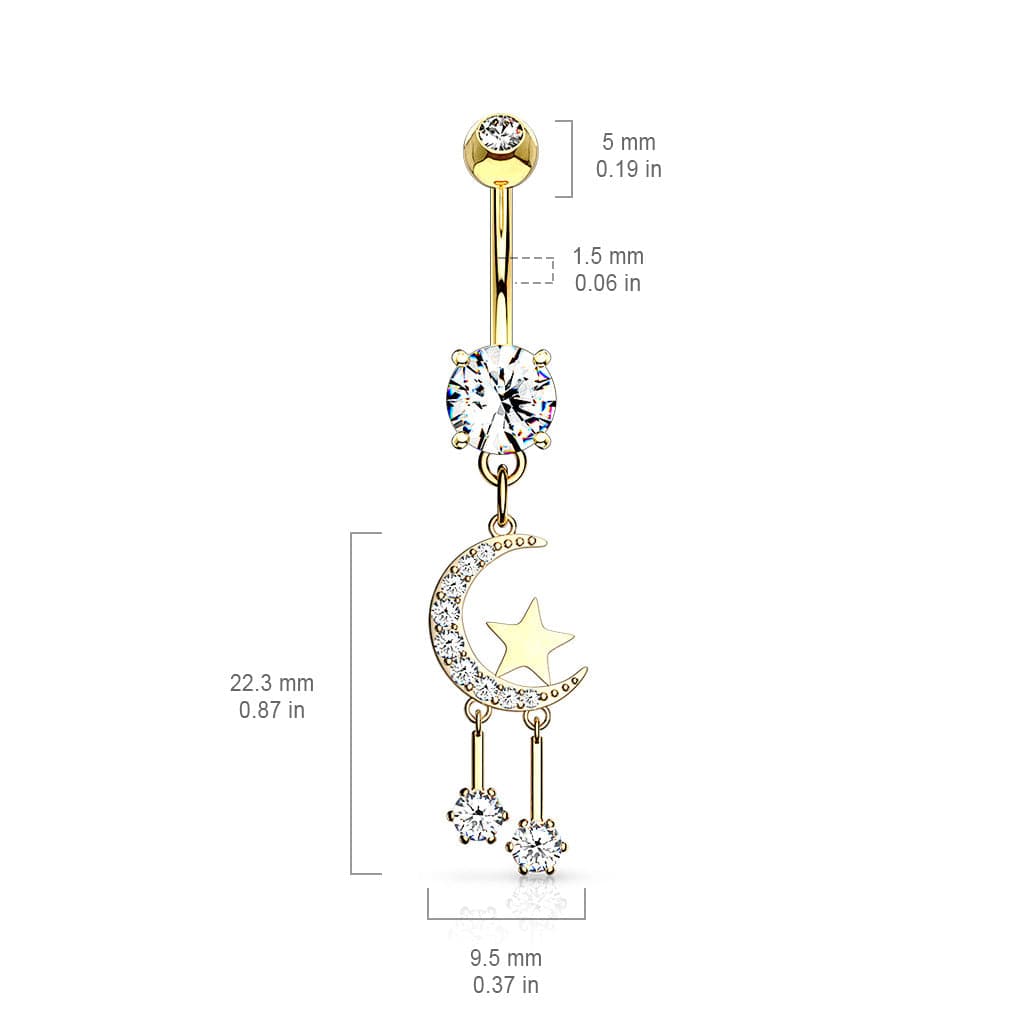 Surgical Steel Belly Ring 14 Gauge 3/8" With Crescent Moon & CZ Gems