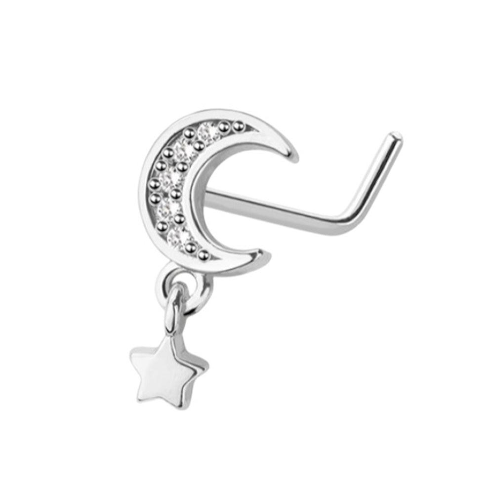 Surgical Steel L Shaped Nose Stud 20G 6mm with Dangle Star & CZ Moon - photo 4