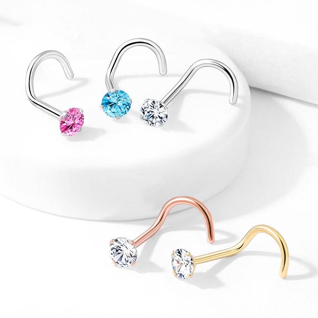 Surgical Steel Nose Ring Screw Stud 20 Gauge 1/4" with Prong Round Gem
