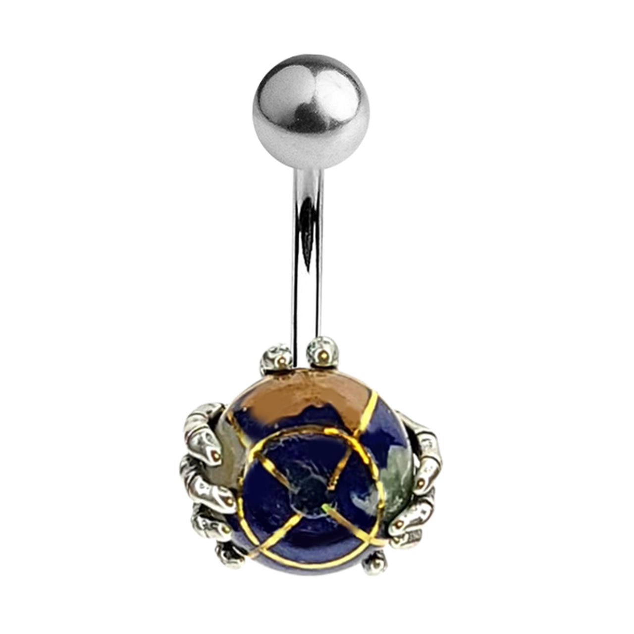 Surgical Steel Belly Button Ring 14 Gauge 7/16" & Skeleton Hand Globe