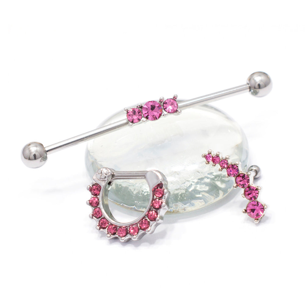 Surgical Steel 14 Gauge CZ Septum Clicker & Barbell Set - 3 Pack