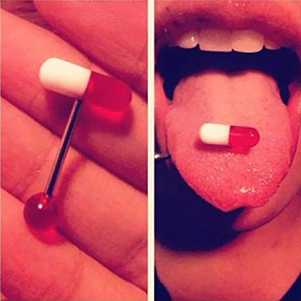 Surgical Steel Tongue Ring Straight Barbell 14 Gauge with Pill Design