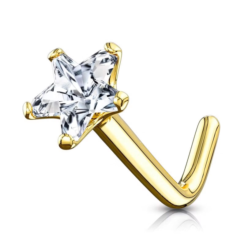 14 Karat Solid Gold Nose Ring Stud 20 Gauge 1/4" L Bend with Star CZ