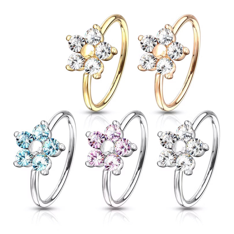14 Karat Gold Plated Bendable Hoop Nose Ring 20 Gauge & CZ Flower Top