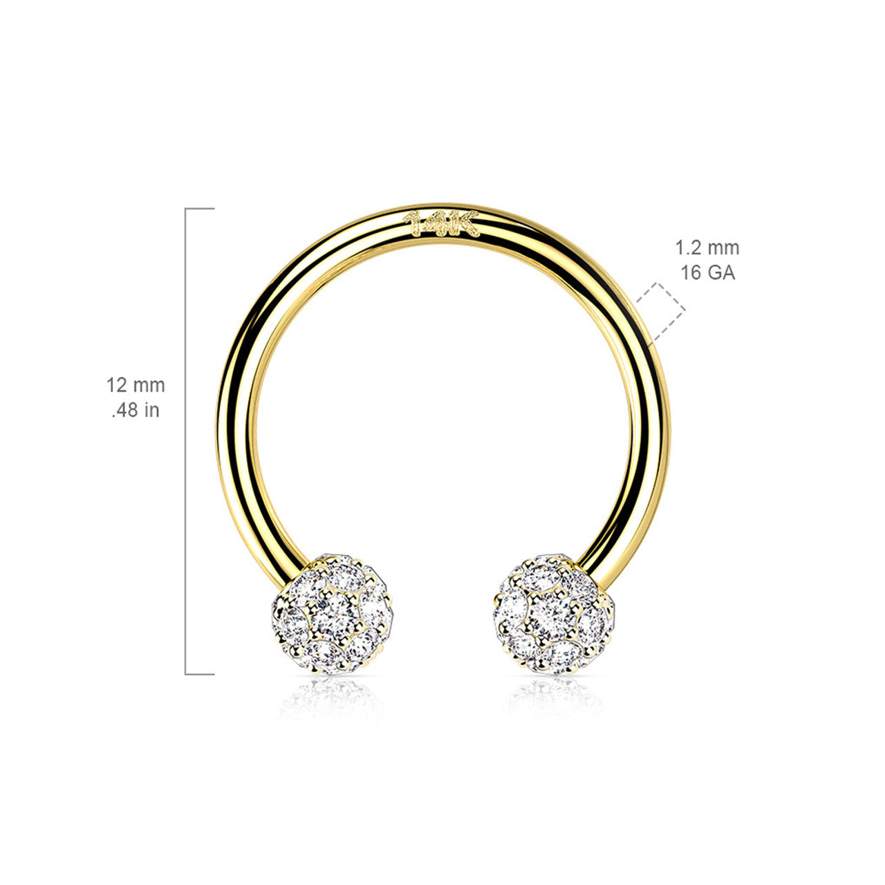 14 Karat Gold Horseshoe Circular Barbell Ring 16 Gauge & CZ Paved Ball